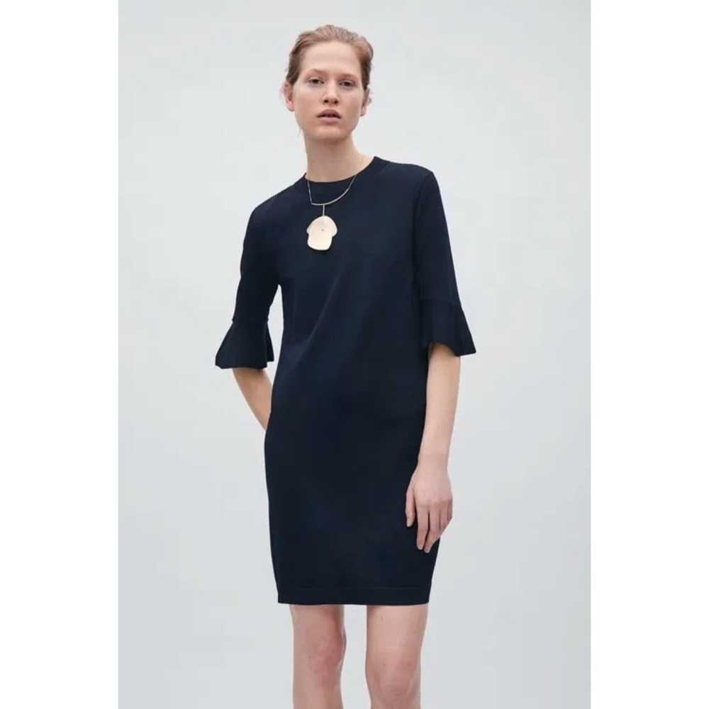 COS Flared Sleeve Knit Dress in Navy Size S